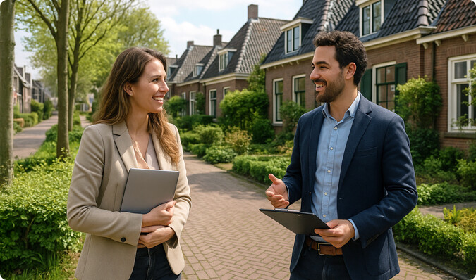 Twee VvE beheerders op straat in gesprek over actuele ontwikkelingen.