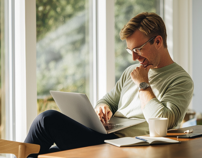 Man leest actuele ontwikkelingen binnen vastgoed op zijn laptop