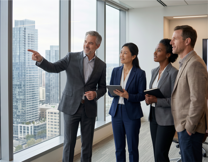 Vastgoedprofessionals in een appartementencomplex