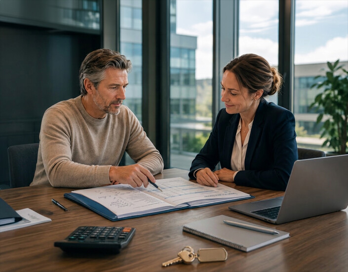 Twee professionals aan tafel bespreken een bedrijfsovername