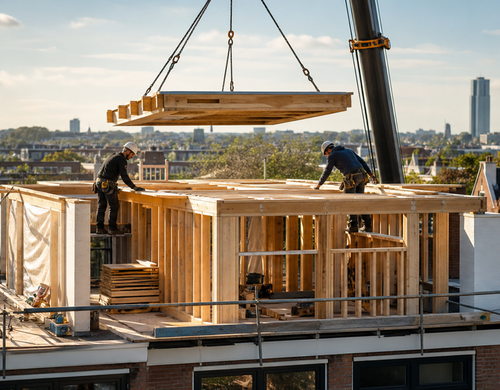 Bouwvakkers werken aan een nieuwe bouwlaag op een bestaand gebouw