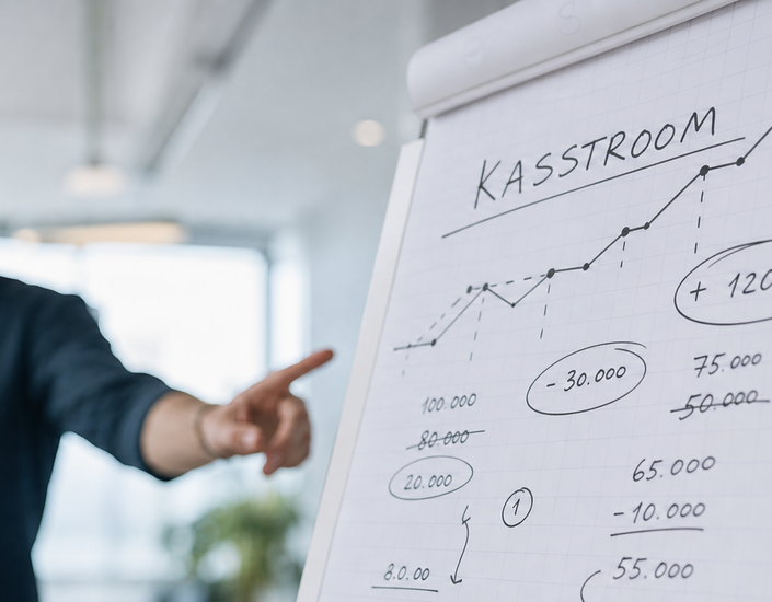 Man wijst naar een flipover met kasstroomcijfers